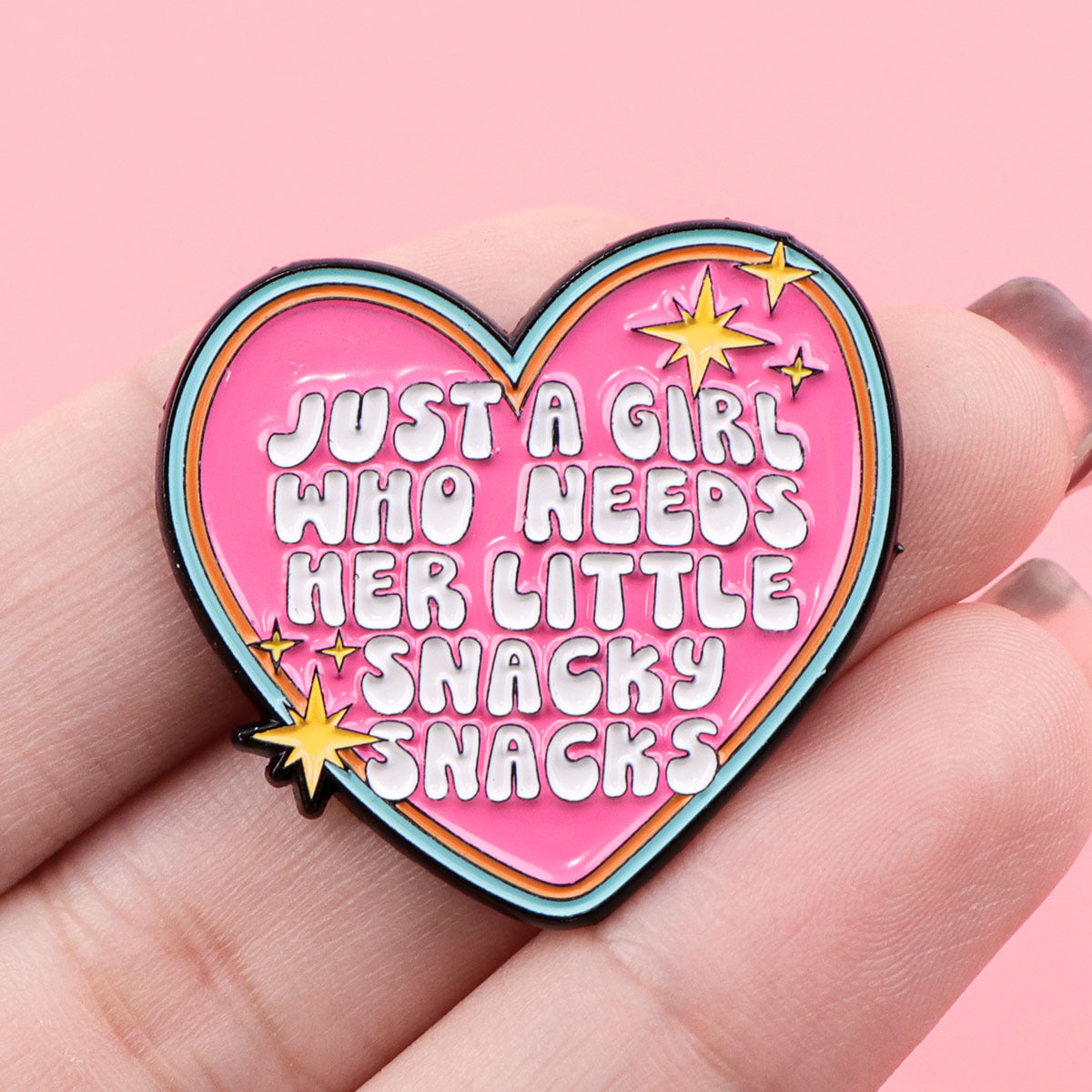 'Just a girl who needs her little snacky snacks' enamel pin