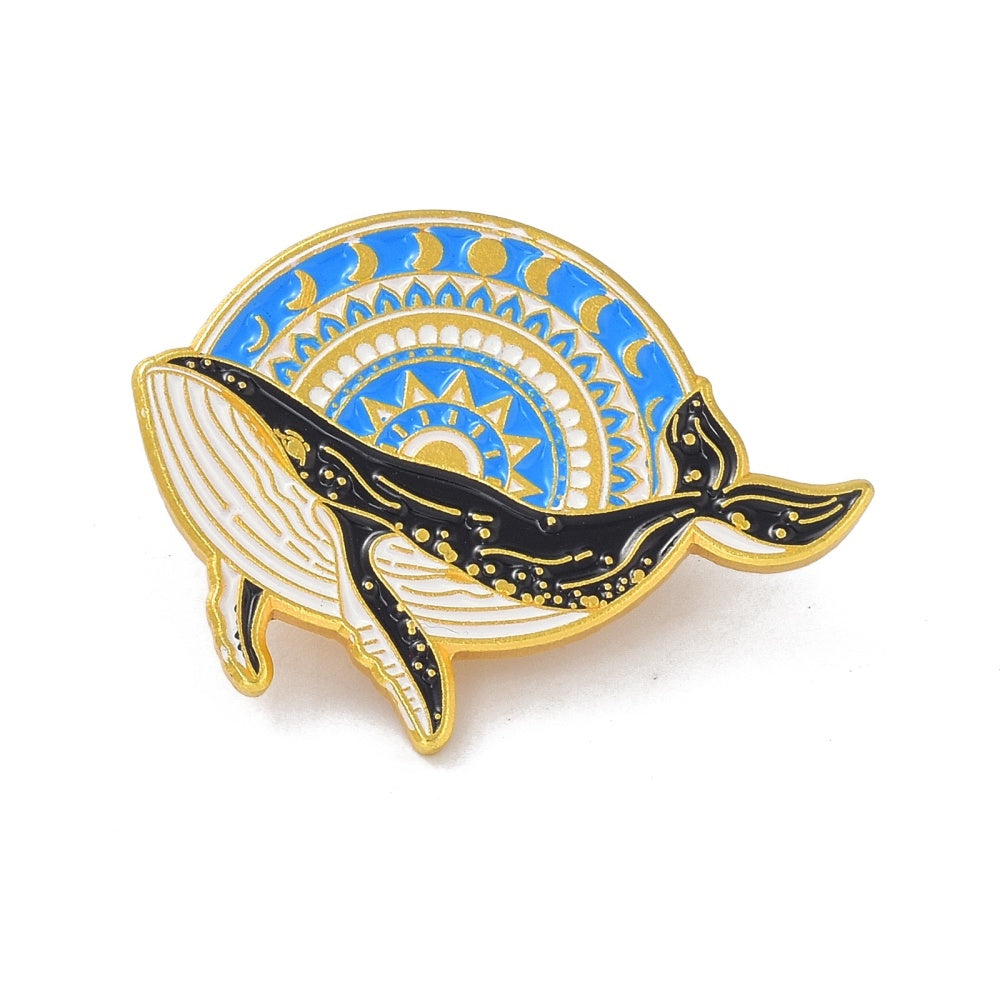 Whale with sun and moon enamel pin