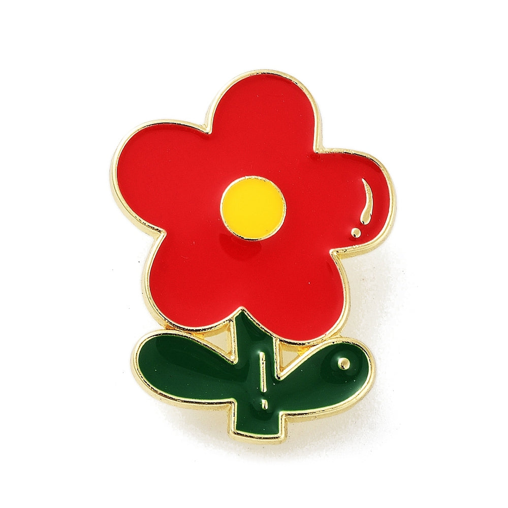 Red flower on stem enamel pin