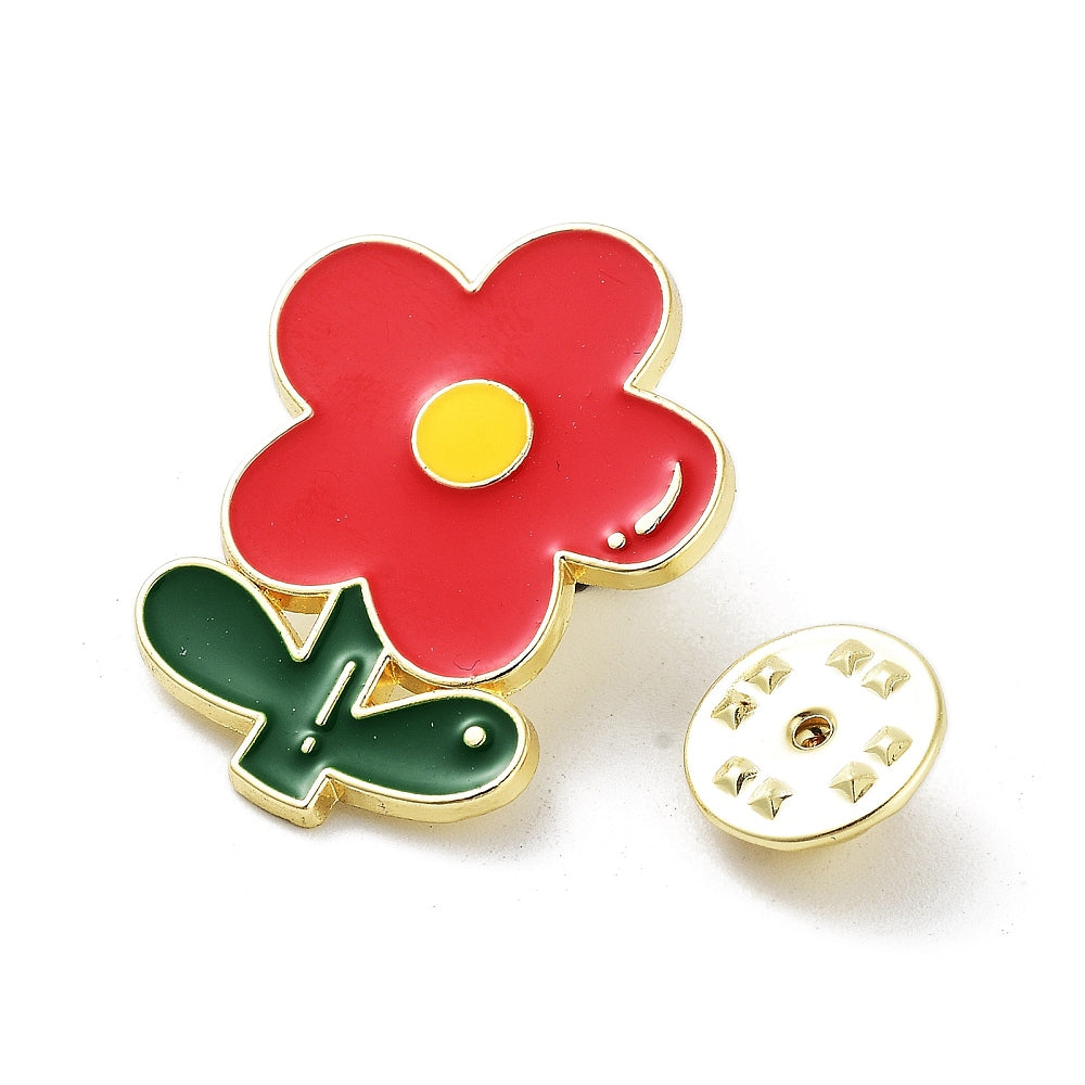 Red flower on stem enamel pin