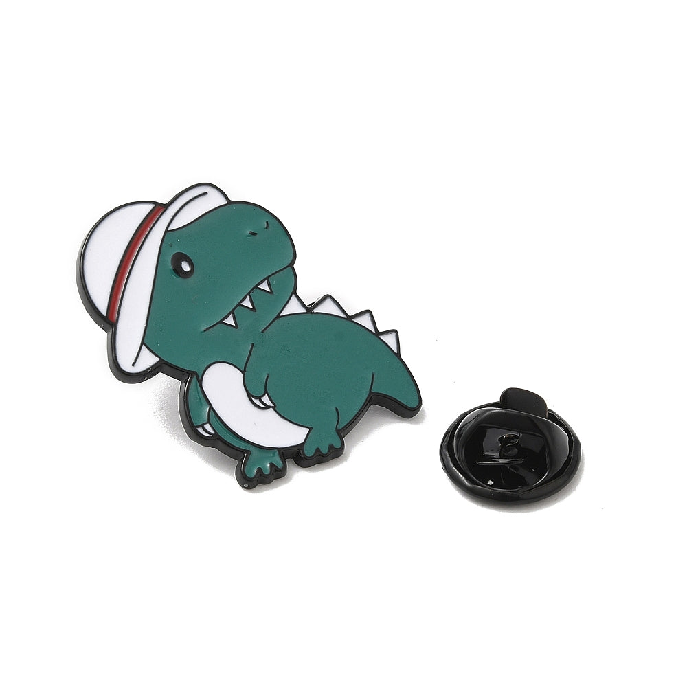 Green dinosaur white hat enamel pin