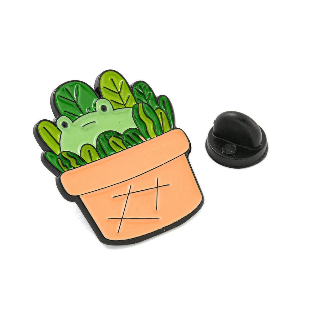 Frog in pot plant enamel pin