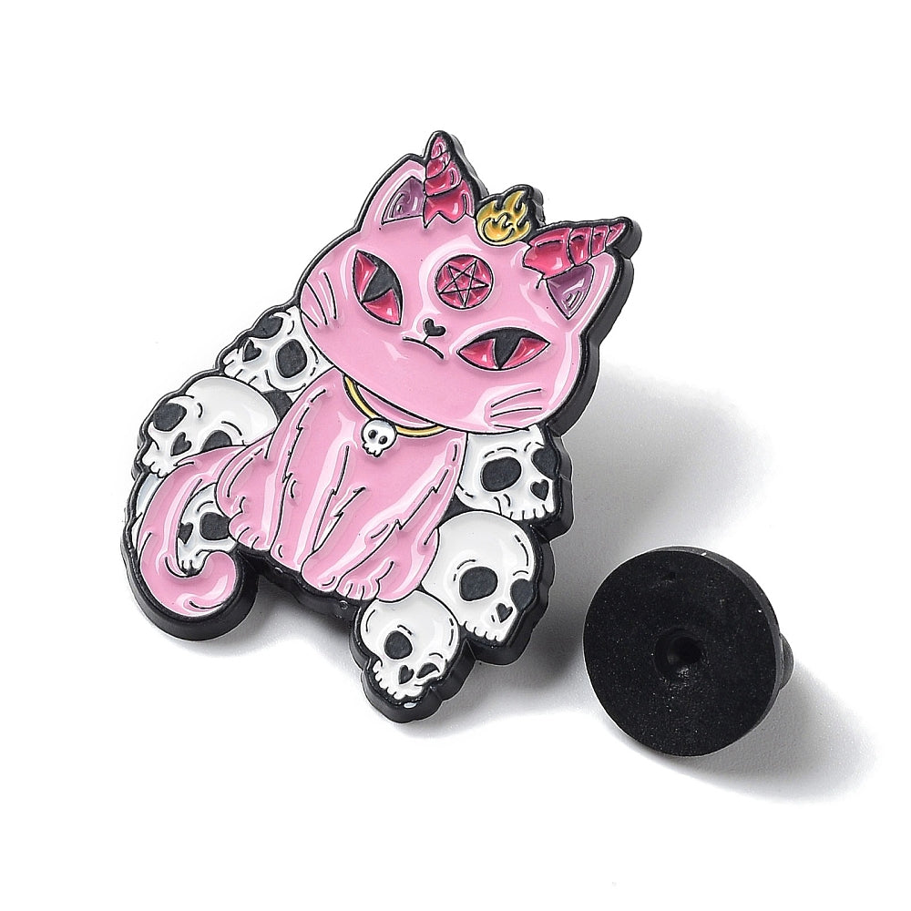 Pink skull cat enamel pin
