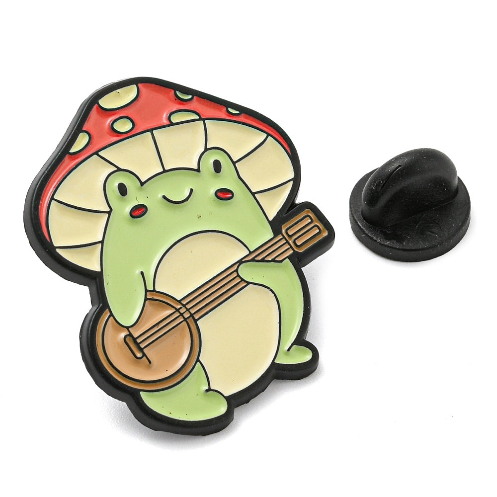 Frog mushroom banjo enamel pin