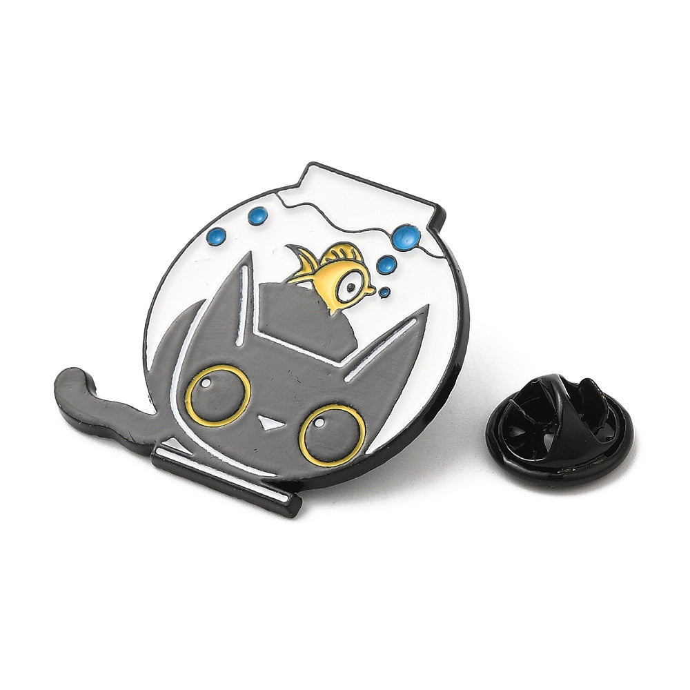 Cat fish tank enamel pin