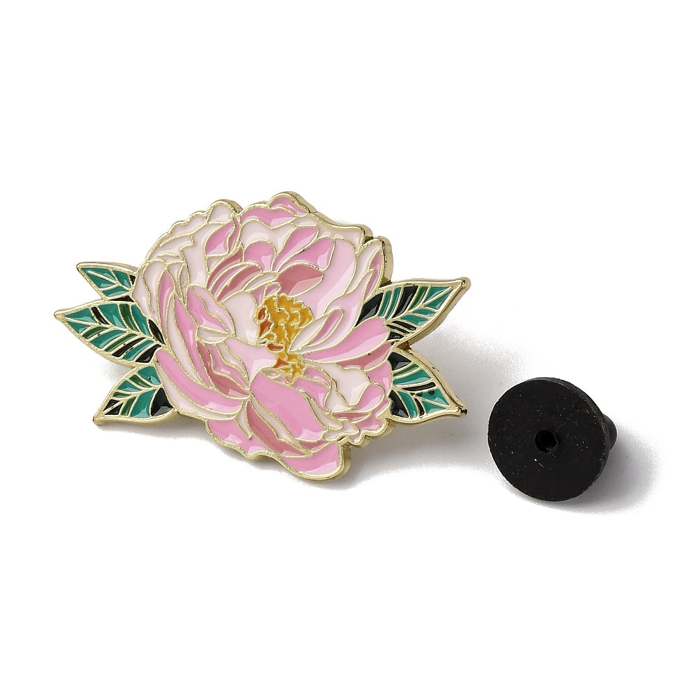 Pink peony flower enamel pin