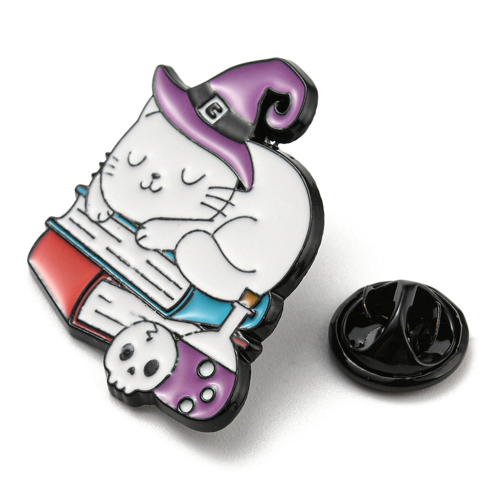 Cat witch wizard laying on pile of books enamel pin