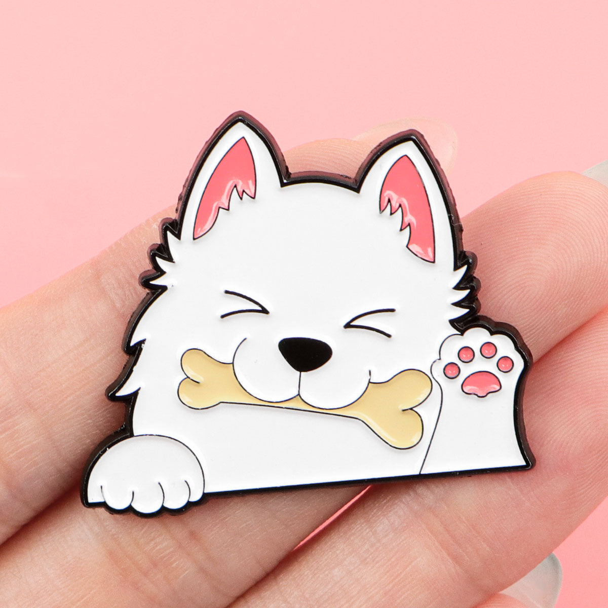 White dog enamel pin