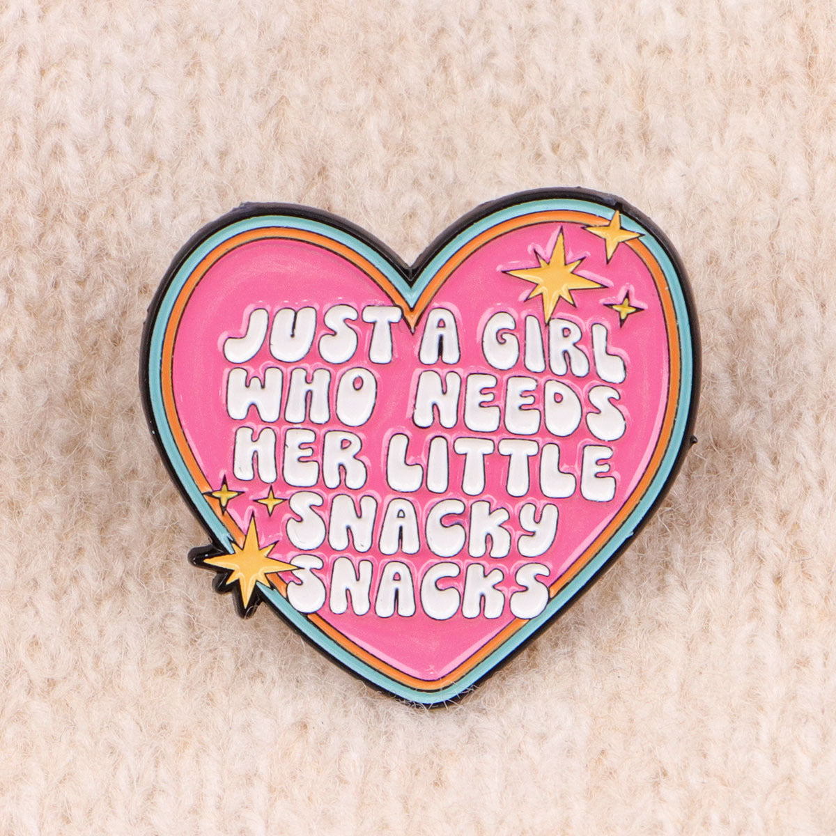 'Just a girl who needs her little snacky snacks' enamel pin