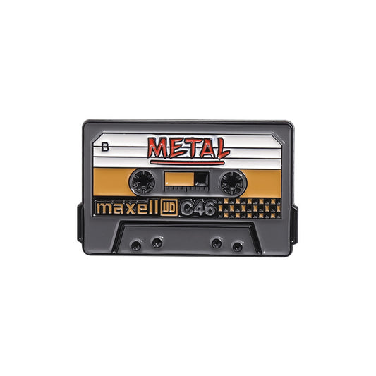 Cassette tape with 'METAL' enamel pin