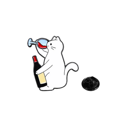 Cat drinking bottle red wine enamel pin