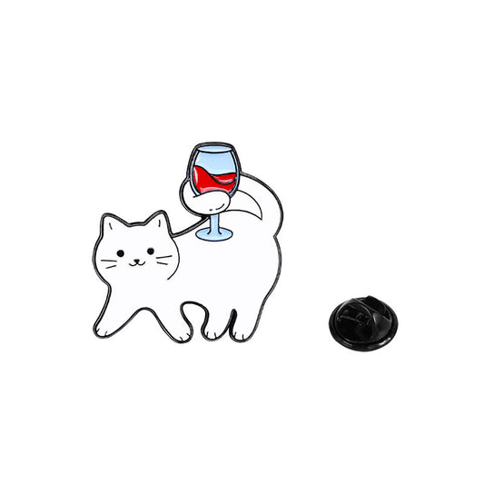 Cat with red wine glass on back enamel pin