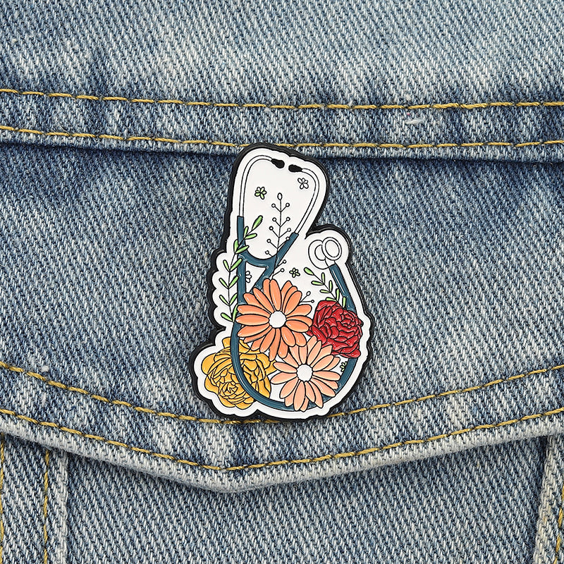 Stethoscope flowers enamel pin