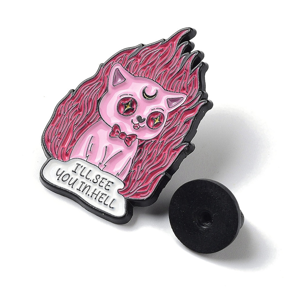 Fire cat 'I'll see you in hell' enamel pin