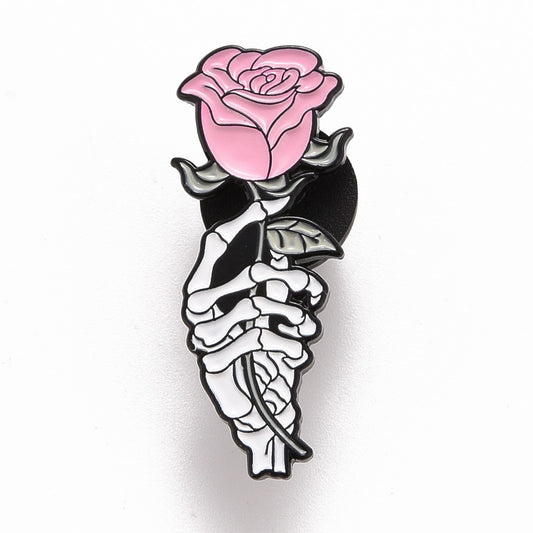 Skeleton rose hand enamel pin