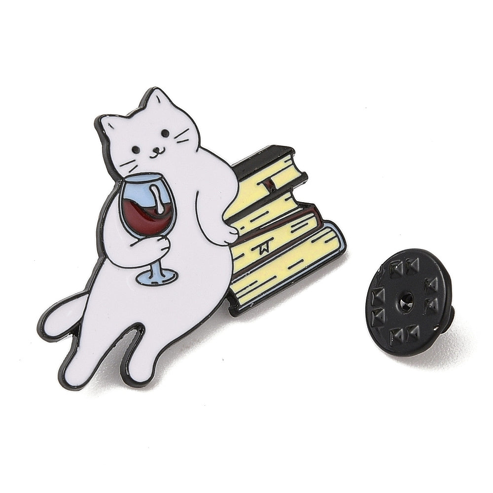 Cat with wine glass and books enamel pin