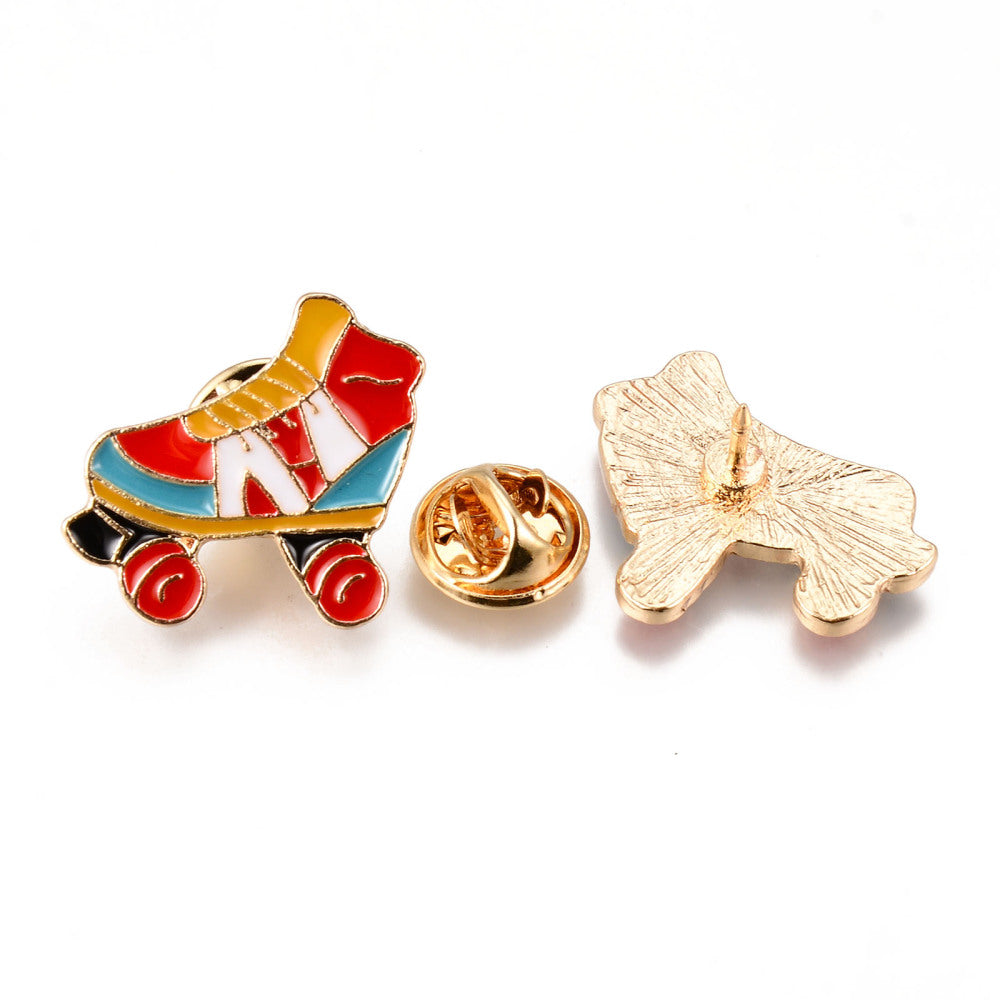Red blue yellow roller skates enamel pin