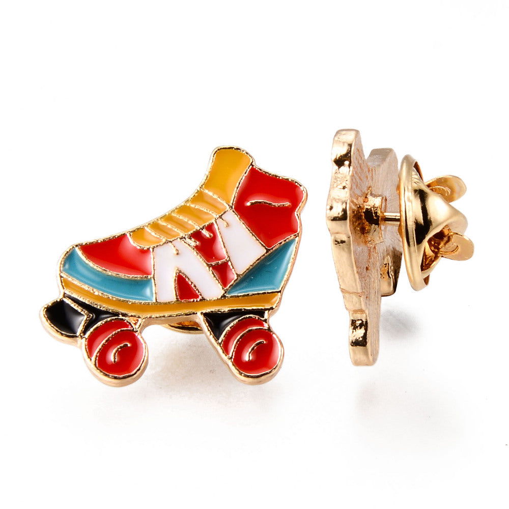 Red blue yellow roller skates enamel pin