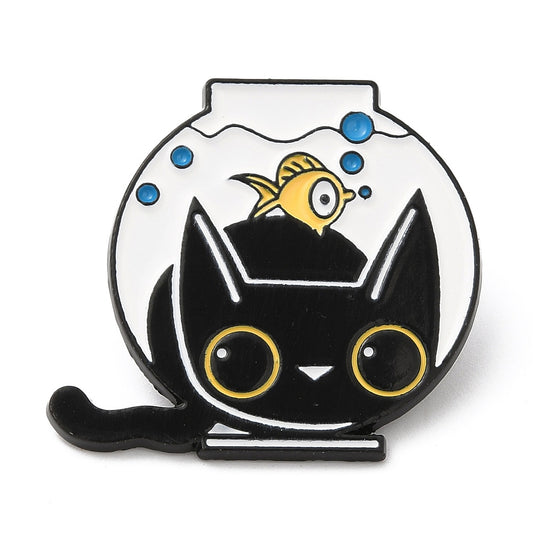 Cat fish tank enamel pin