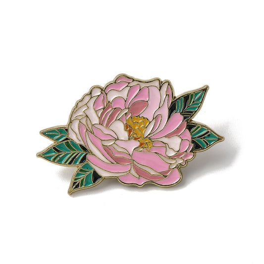 Pink peony flower enamel pin