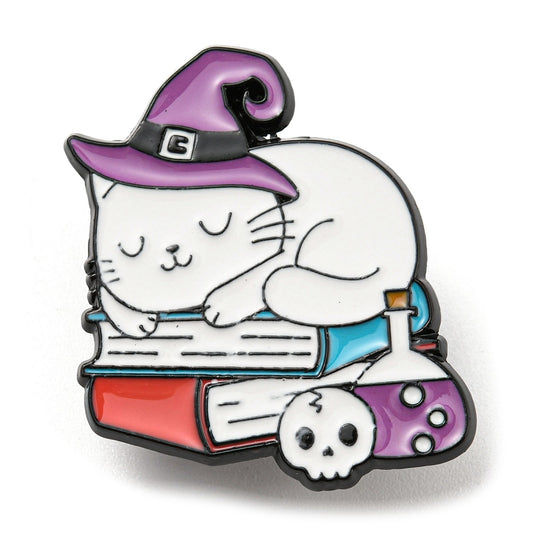 Cat witch wizard laying on pile of books enamel pin