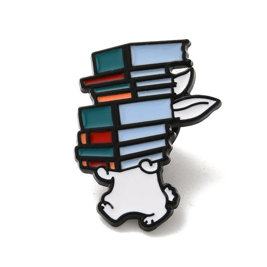Rabbit bunny carrying pile of books enamel pin