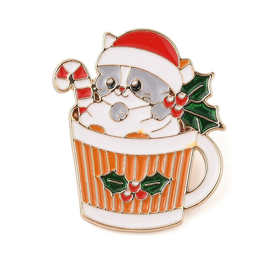 Christmas cat in cup enamel pin