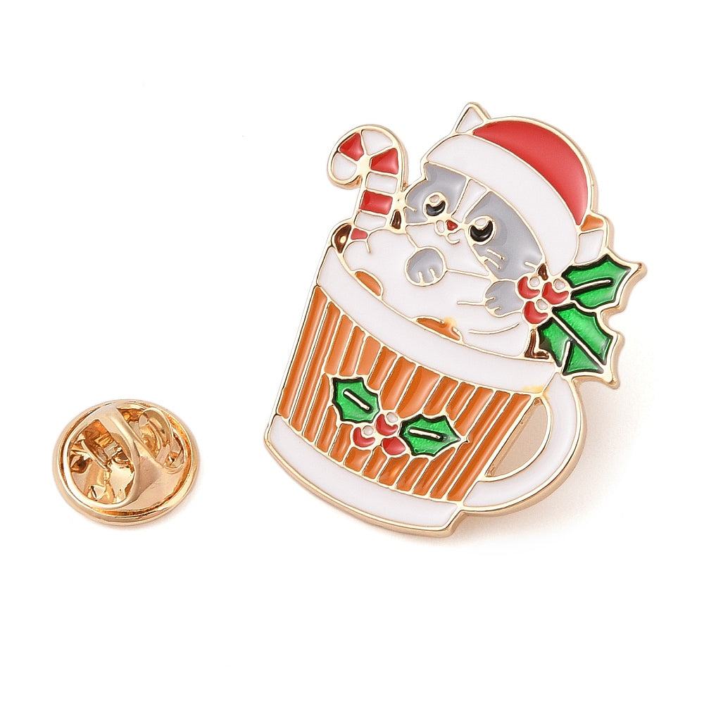 Christmas cat in cup enamel pin