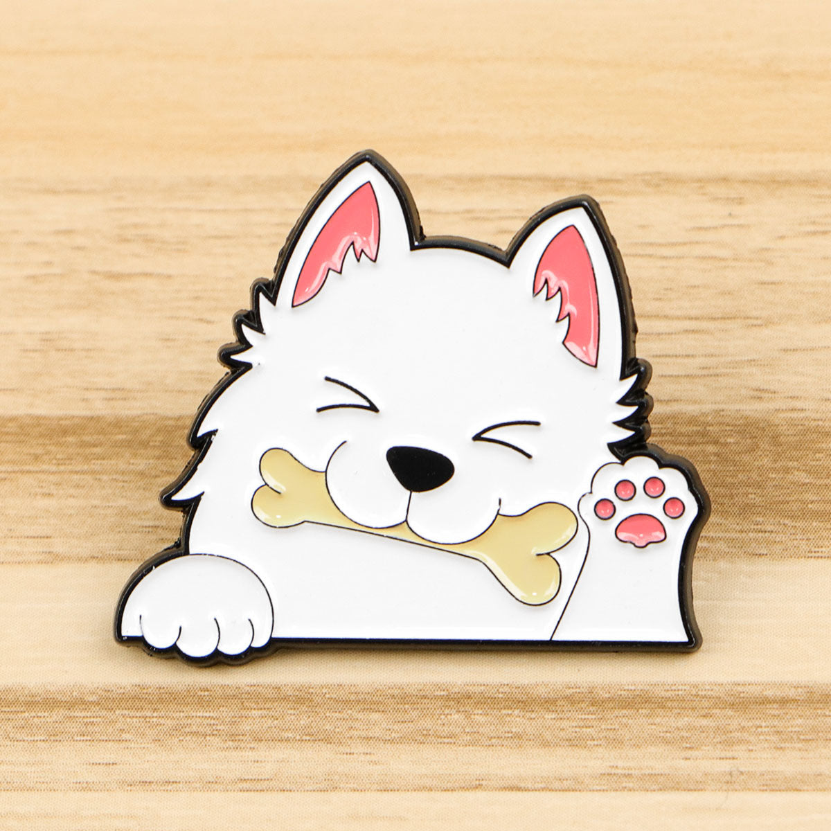White dog enamel pin