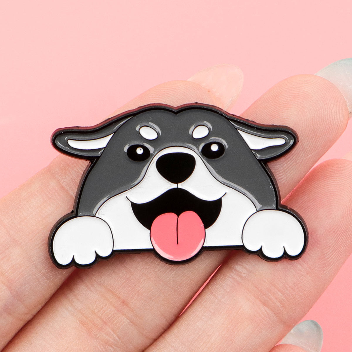 Grey and white dog enamel pin