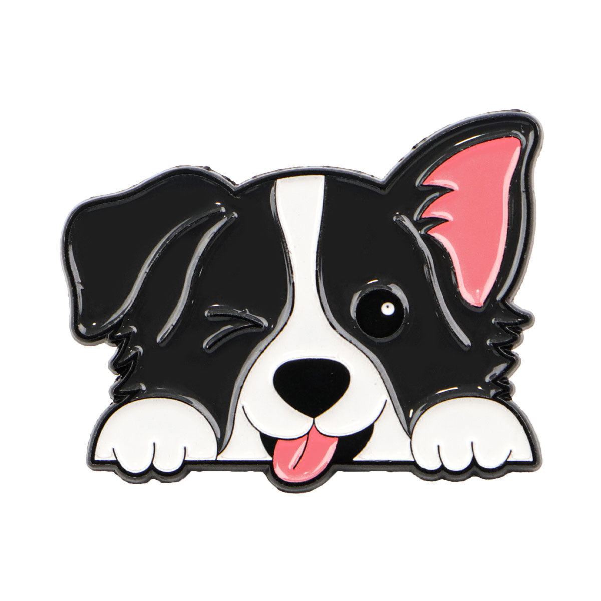Black and white dog enamel pin