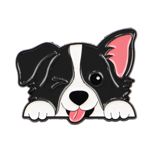 Black and white dog enamel pin