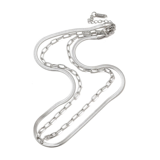 Double layered paperclip and herringbone chain necklace